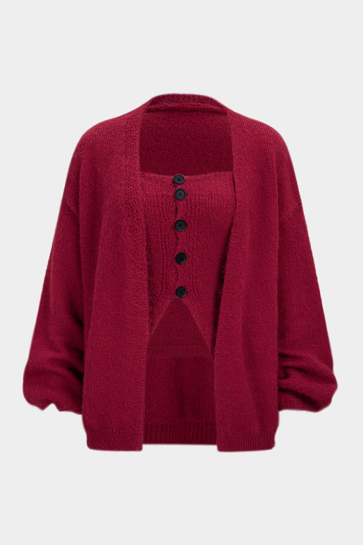 Knit Button Tube Top And Cardigan Set