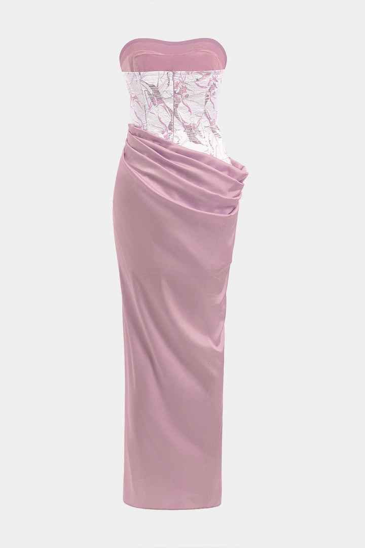 Satin Jacquard Patchwork Ruched Strapless Sleeveless Maxi Dress