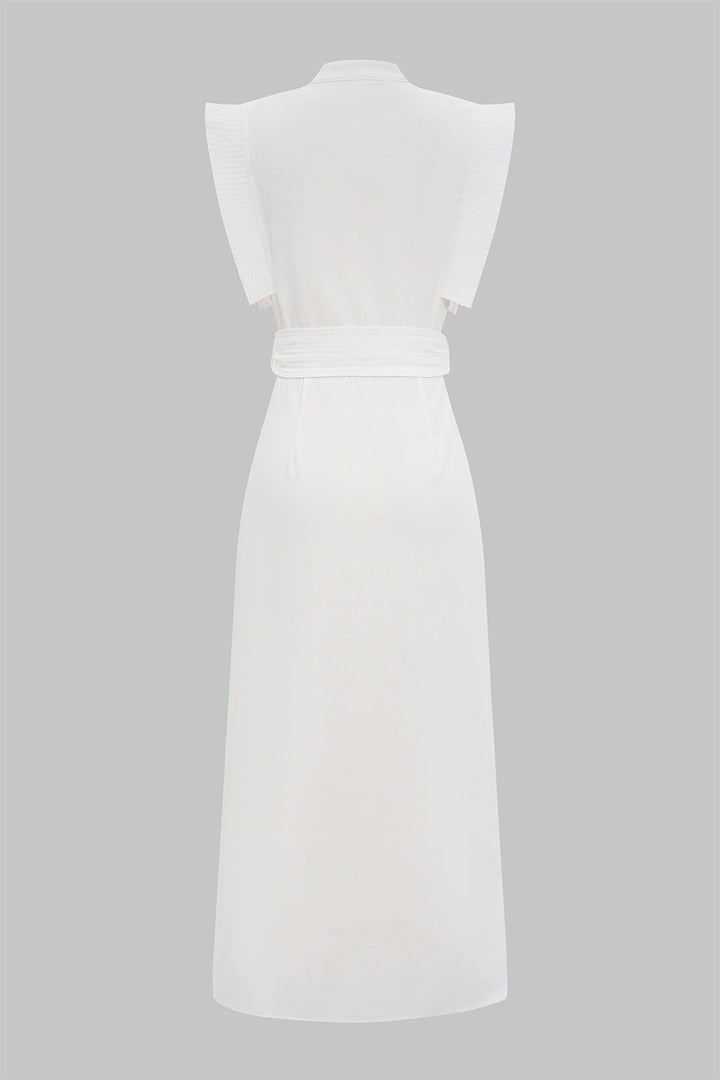Linen Flutter Sleeve V-Neck Tie Front Slit Maxi Dress