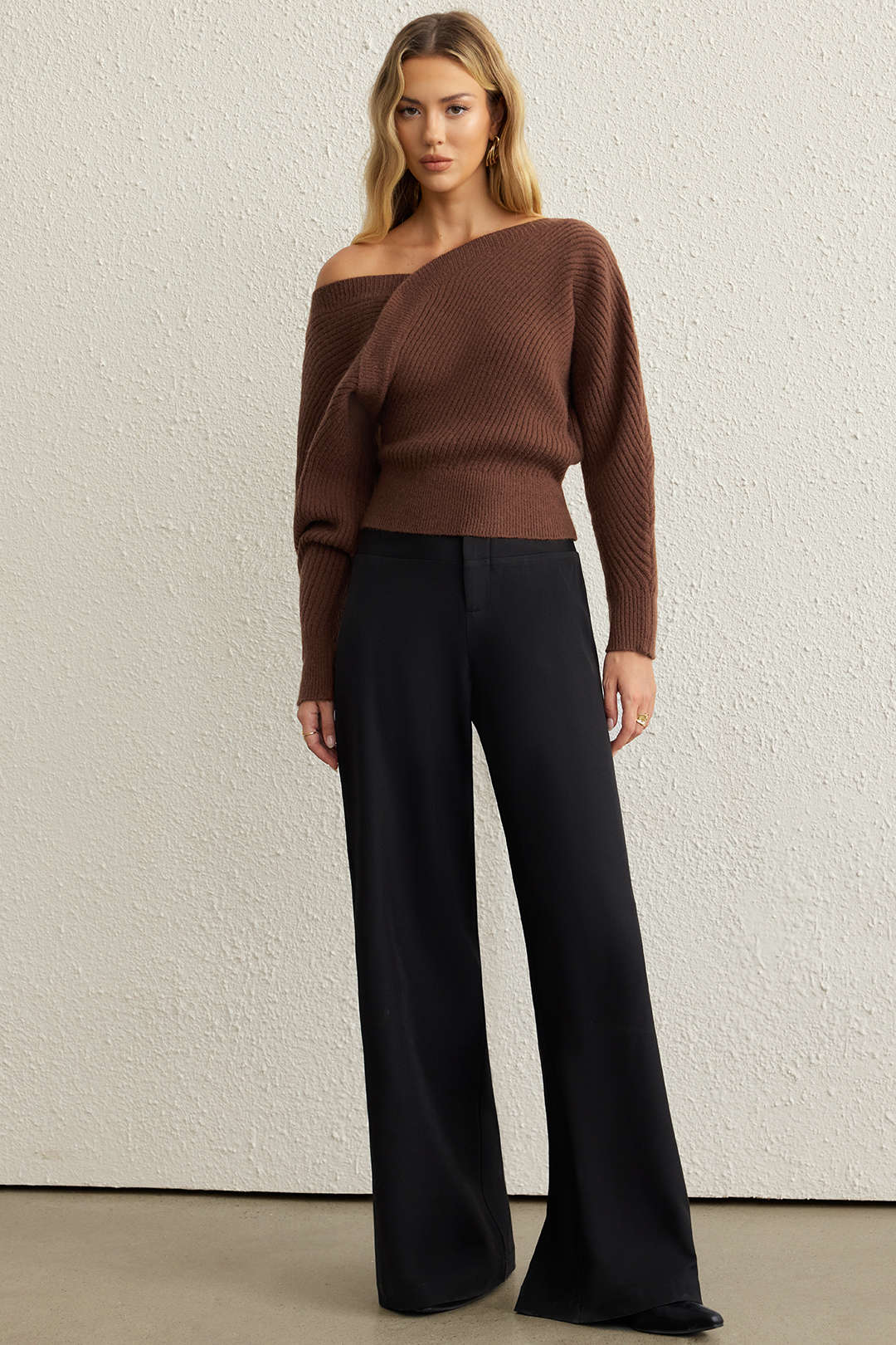 Knit Asymmetrical Ribbed Long-Sleeve Top