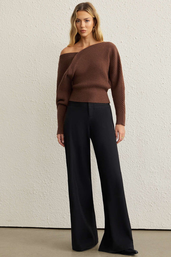 Knit Asymmetrical Ribbed Long-Sleeve Top