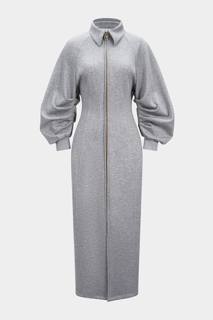 Lapel Zipper Long Sleeve Maxi Dress