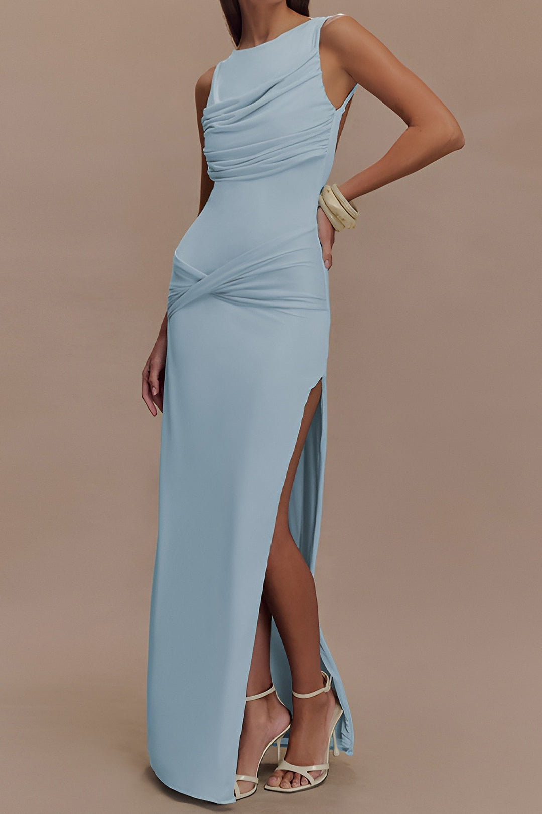 Round Neck Asymmetrical Ruched Backless Sleeveless Maxi Dress