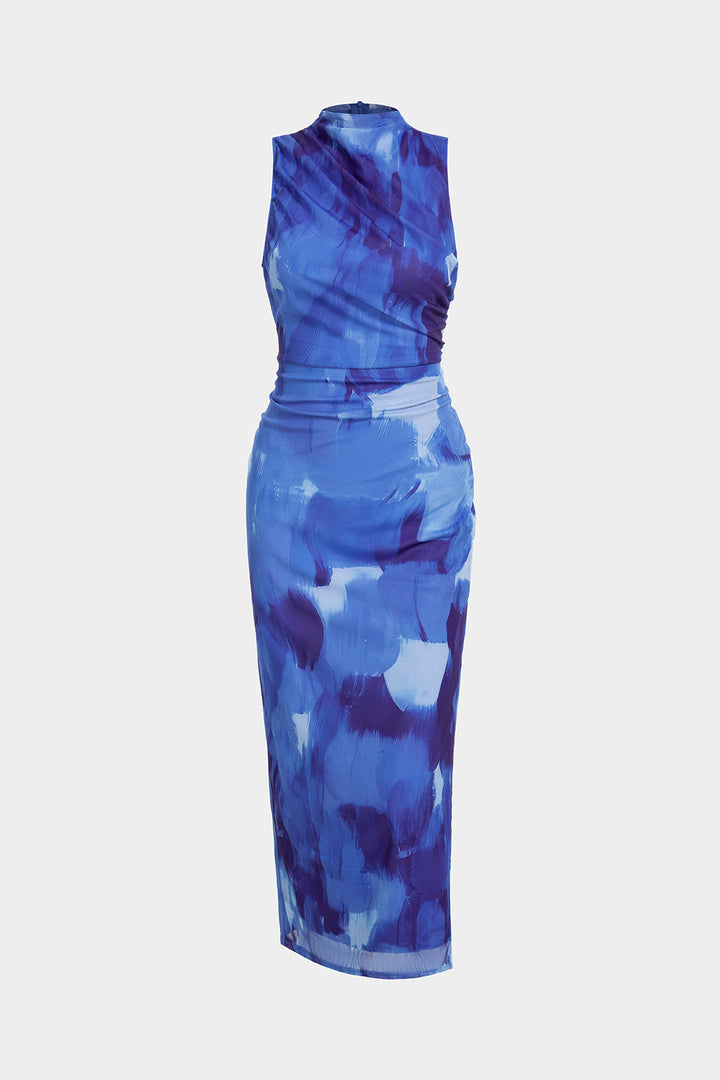 Artistic Print Mock Neck Ruched Sleeveless Maxi Dress