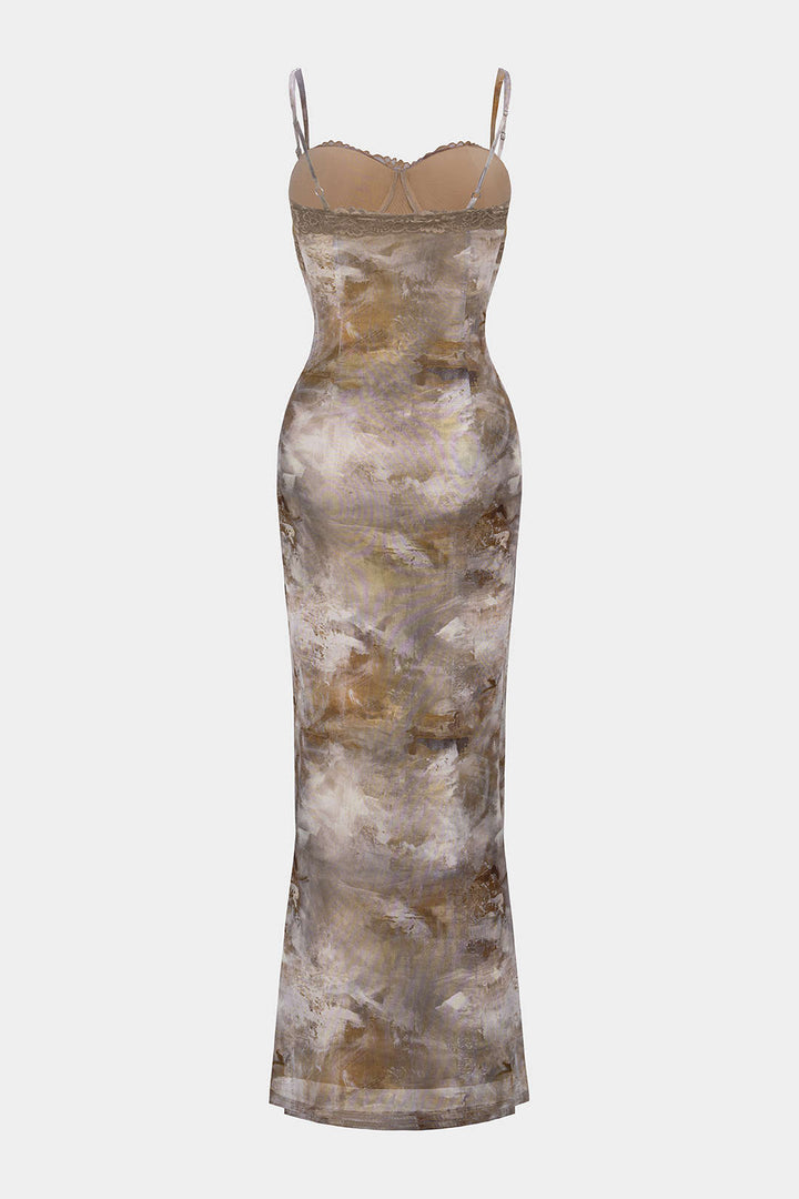 Abstract Print Patchwork Lace Trim Bustier Sleeveless Maxi Dress