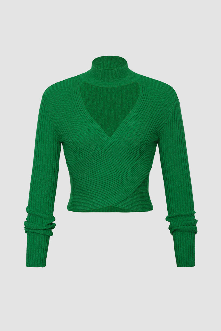 High Neck Wrap Knitted Long Sleeve Top