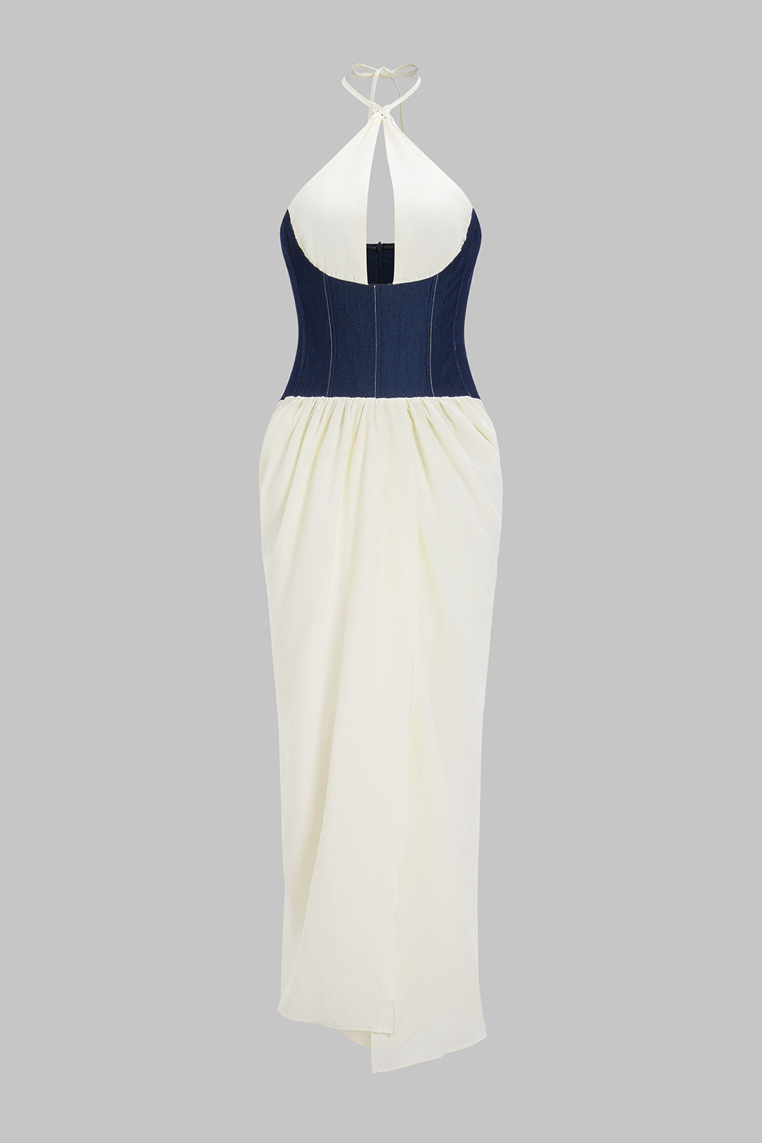 Denim Patchwork Halter Neck Sleeveless Maxi Dress