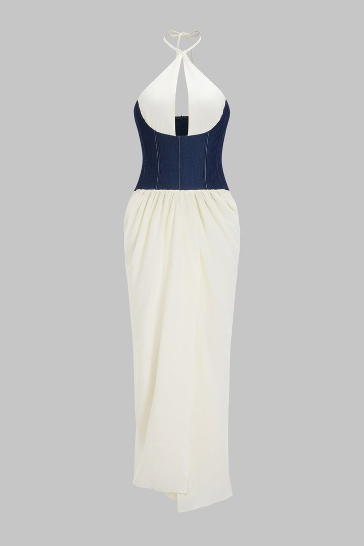 Denim Patchwork Halter Neck Sleeveless Maxi Dress
