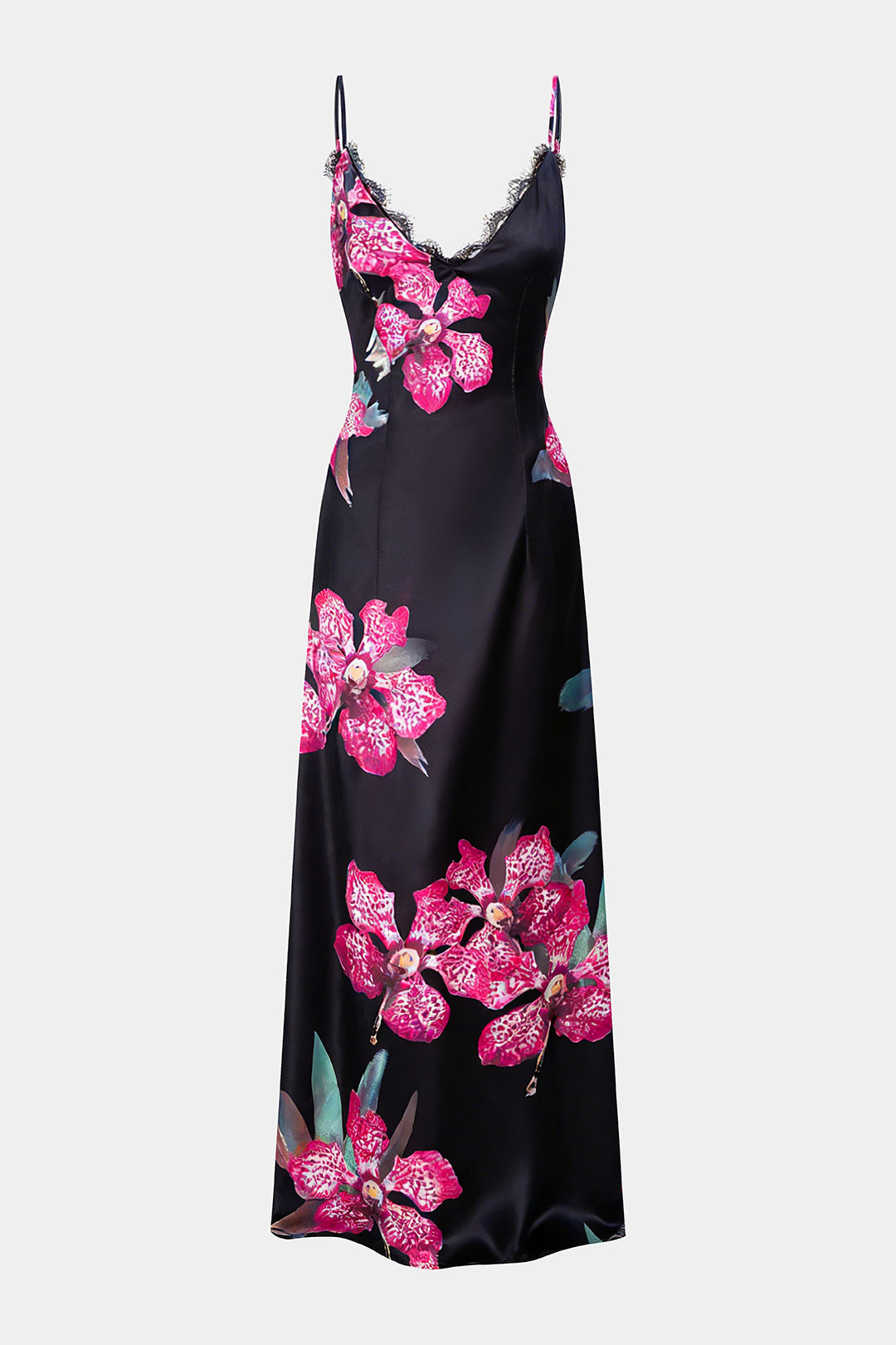 Floral Print Satin Patchwork Lce Trim V-Neck Slip Sleeveless Maxi Dress