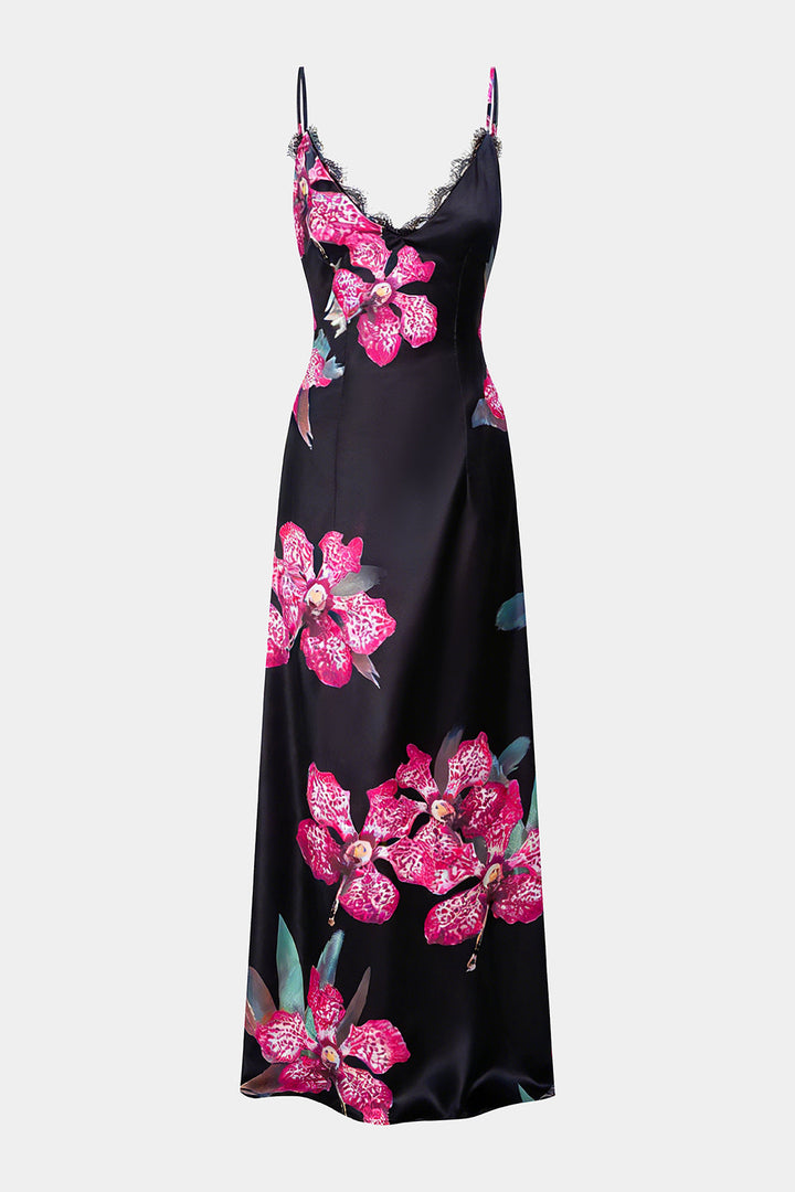 Floral Print Satin Patchwork Lce Trim V-Neck Slip Sleeveless Maxi Dress