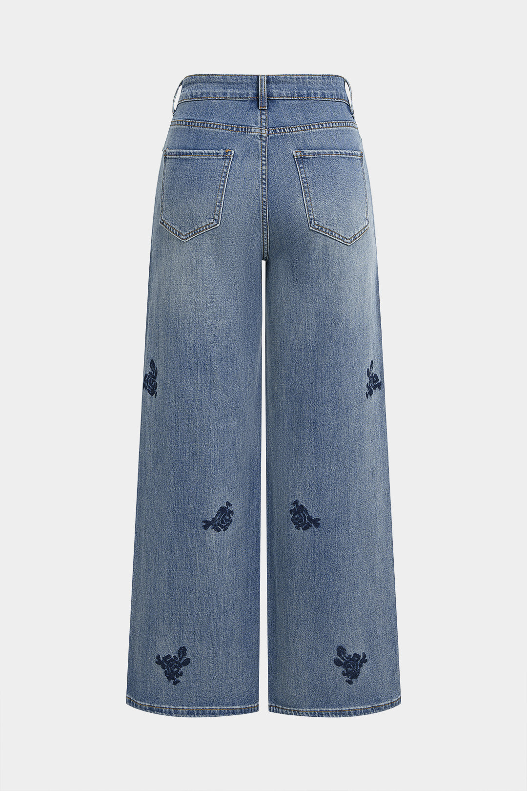 Denim Floral Embroidery High Waist Straight Leg Jeans