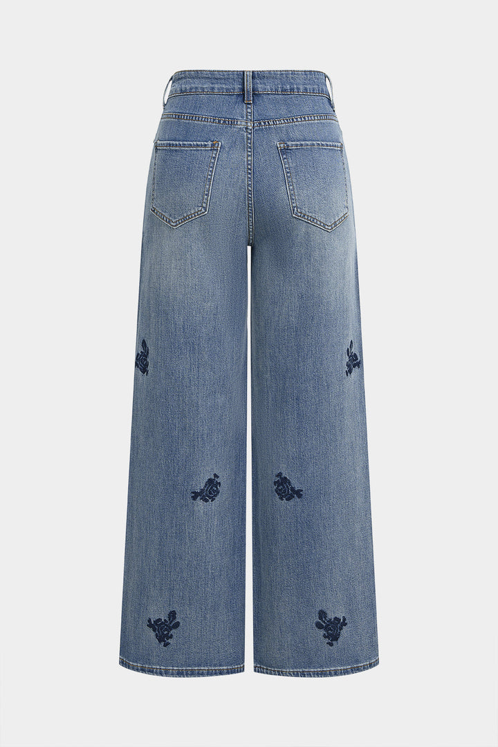 Denim Floral Embroidery High Waist Straight Leg Jeans