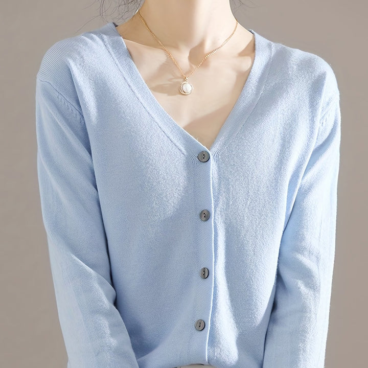 Solène™ | Button-Front Ribbed-Cuff V-Neck Cardigan Sweater