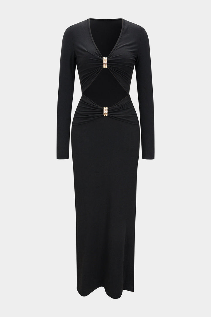 Metallic Decor V-Neck Cut Out Long Sleeve Maxi Dress