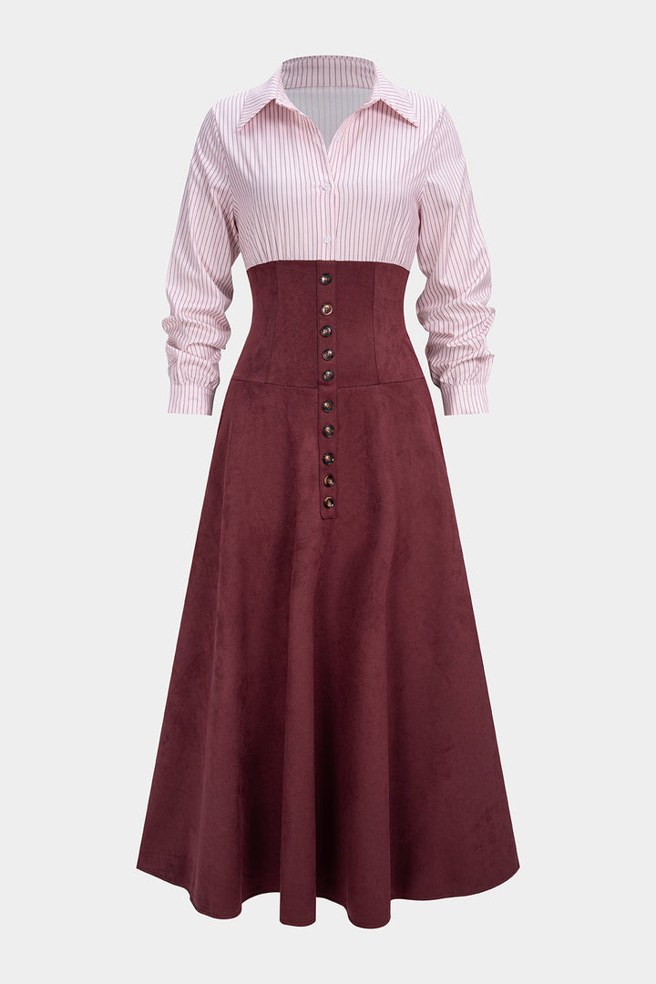Contrast Stripes Print Ruched Long Sleeve Maxi Dress