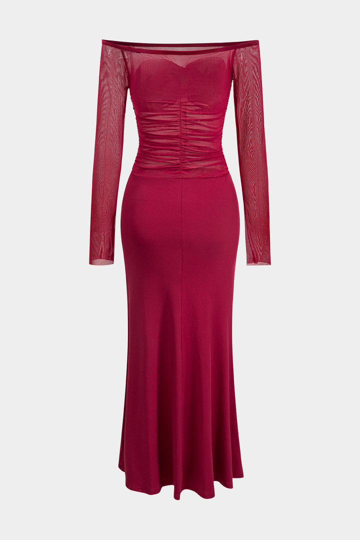 Mesh Patchwork Off Shoulder Ruched Long Sleeve Maxi Dress