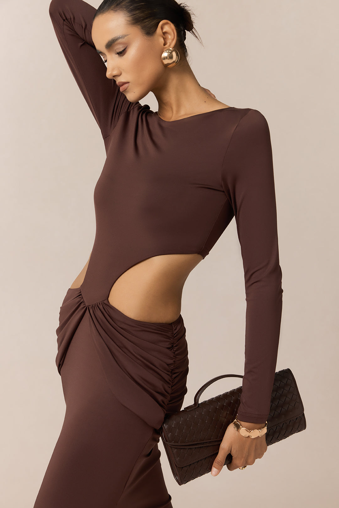 Ruched Round Neck Cut Out Long Sleeve Maxi Dress