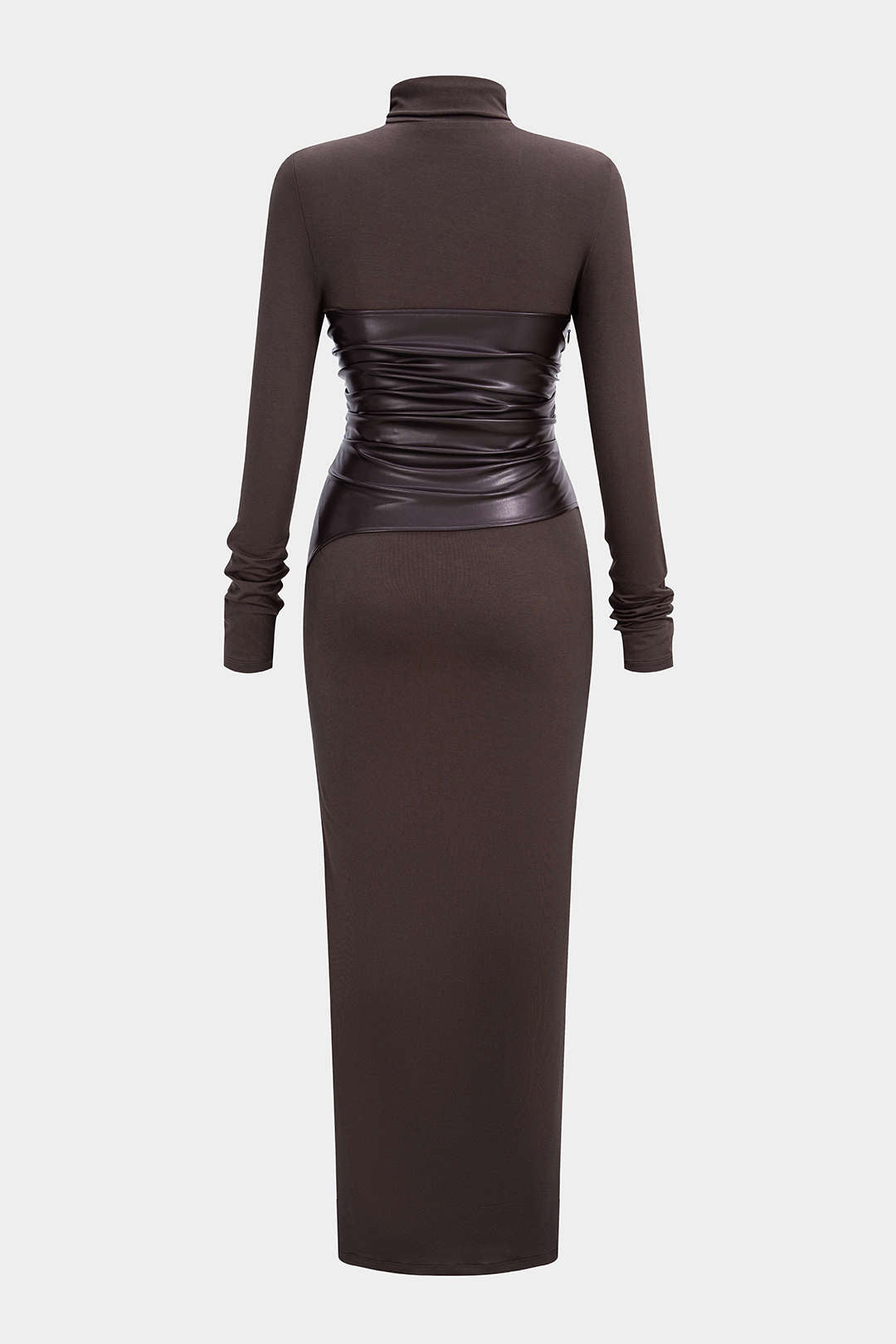 Faux Leather Crossed Ruched Long Sleeve Maxi Dress