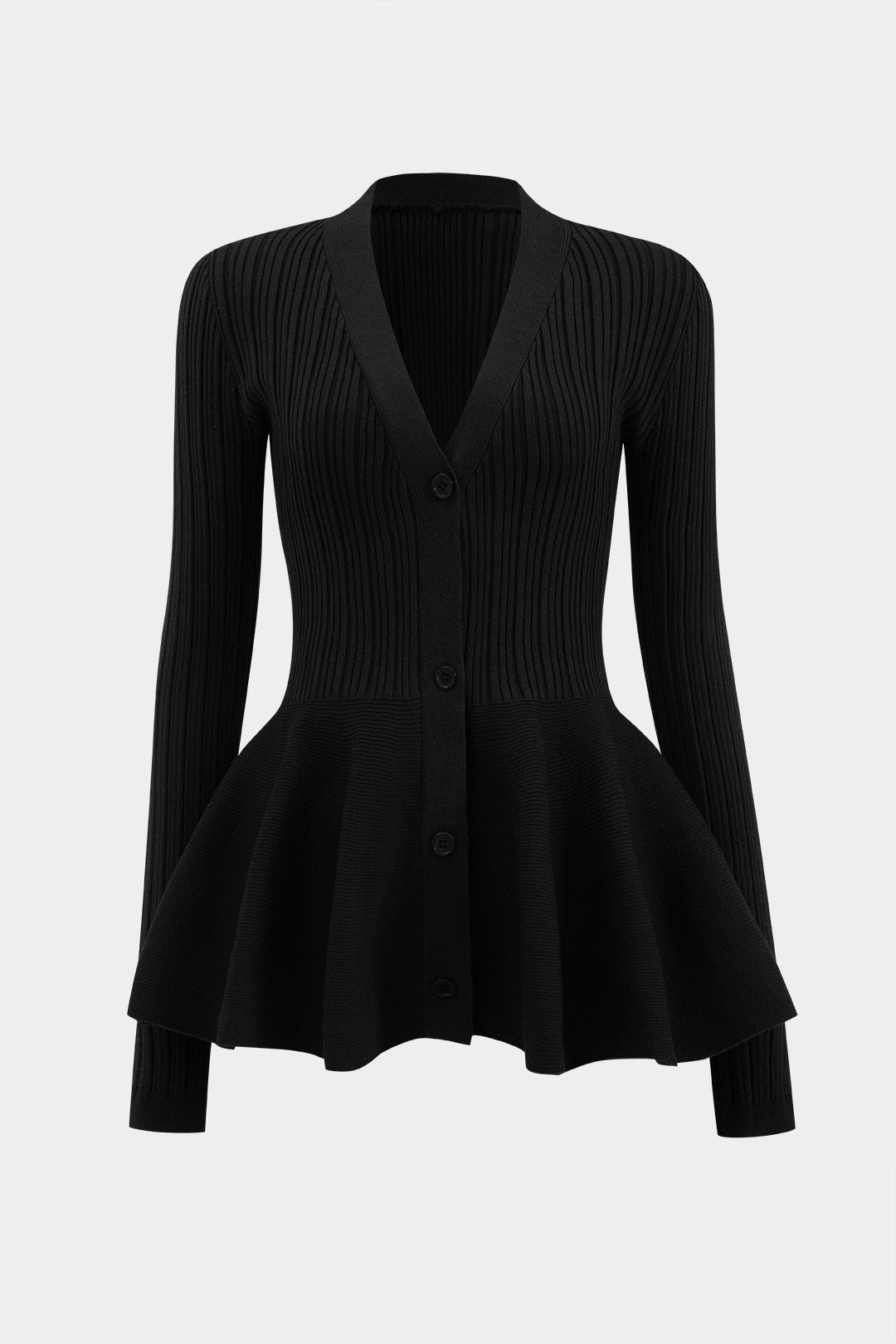 Solid V-neck Puff Hem Sweater Cardigan