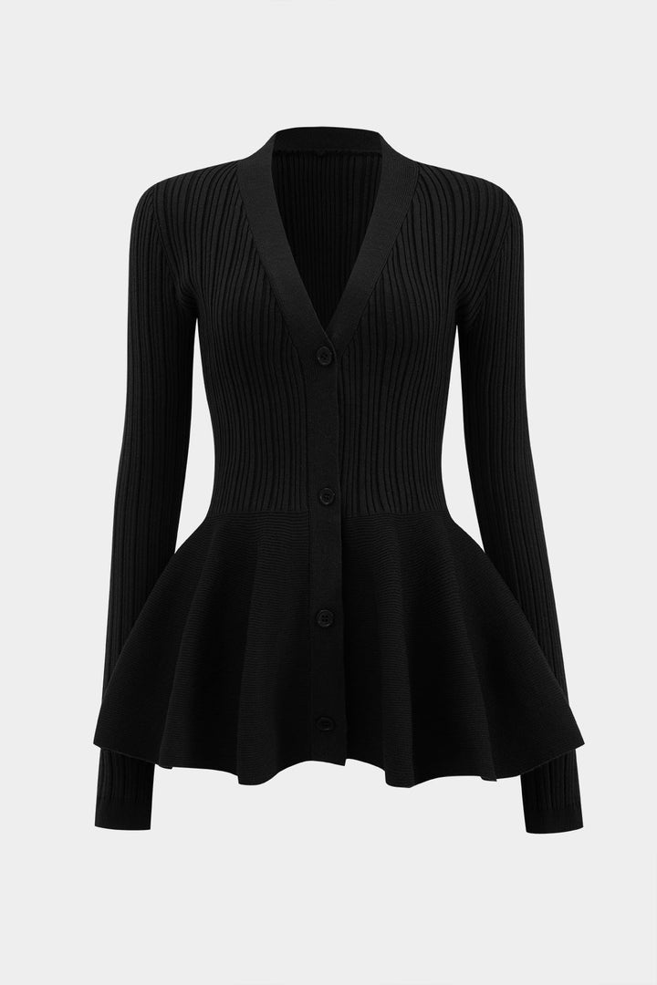 Solid V-neck Puff Hem Sweater Cardigan