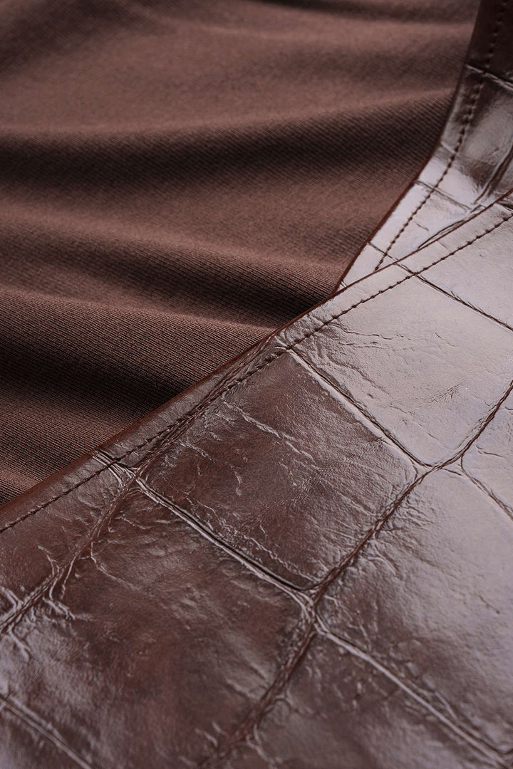 Faux Leather Round Neck Patchwork Long Sleeve Maxi Dress