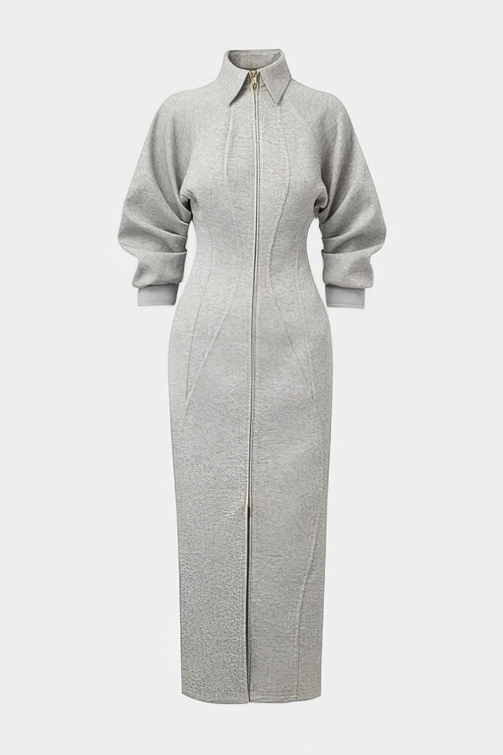 Lapel Zipper Long Sleeve Maxi Dress