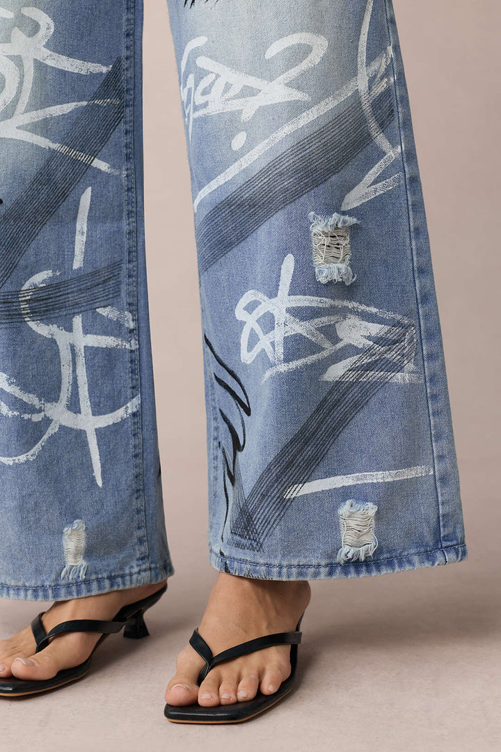 Denim Graffiti Print Zipper Straight Leg Jeans