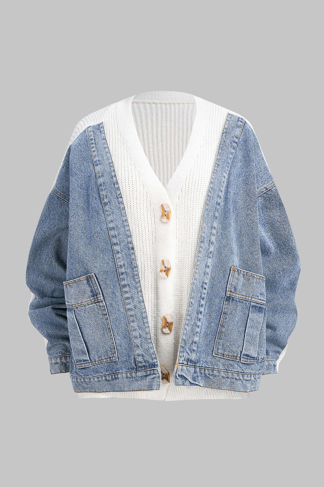 Denim Patchwork V-Neck Pocket Sweater Cardigan