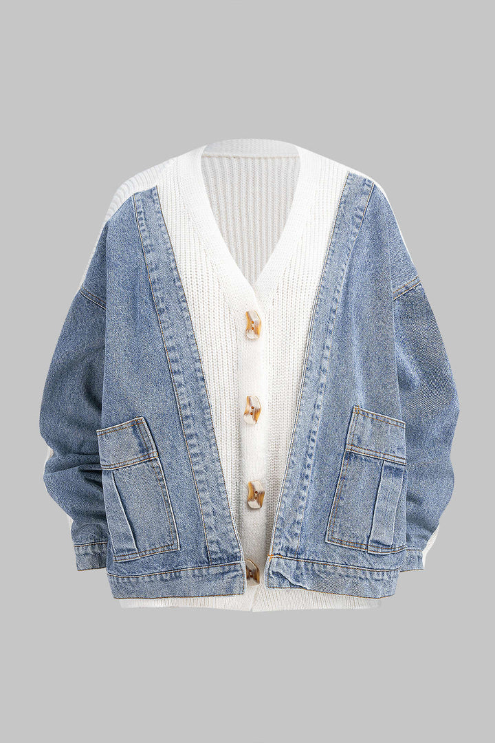 Denim Patchwork V-Neck Pocket Sweater Cardigan