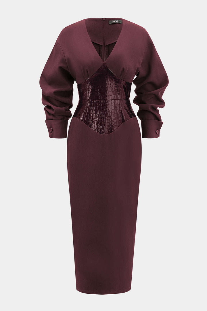 Crocodile Print Faux Leather Patchwork Long Sleeve Maxi Dress