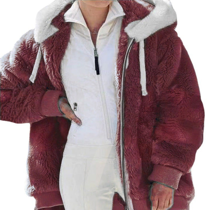 Daria™ | Colorblock Stripe Fuzzy Hooded Zip-Up Jacket