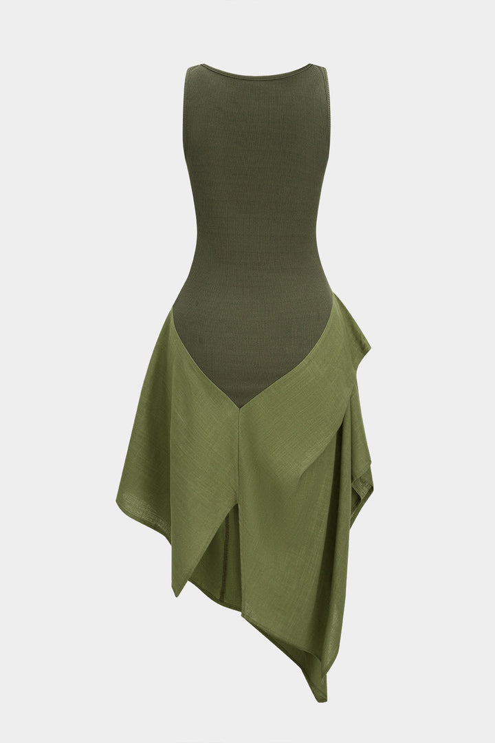 Linen Patchwork Ruched Asymmetrical Sleeveless Maxi Dress