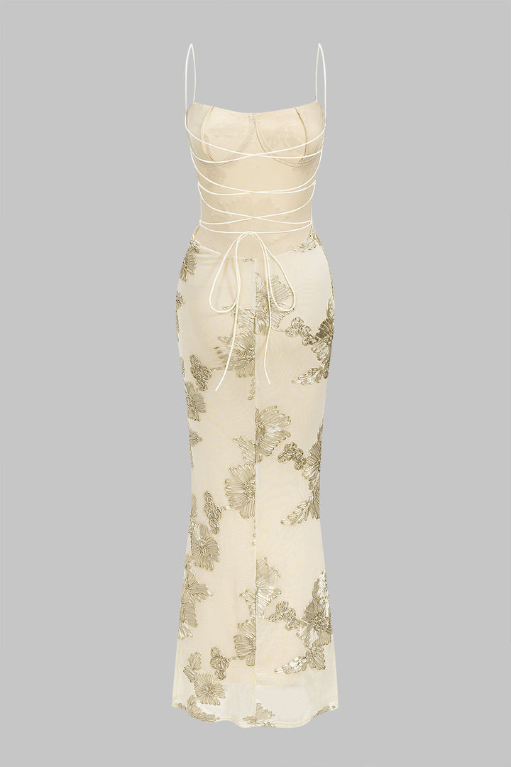 Floral Print Mesh Backless Tie-Back Sleeveless Maxi Dress