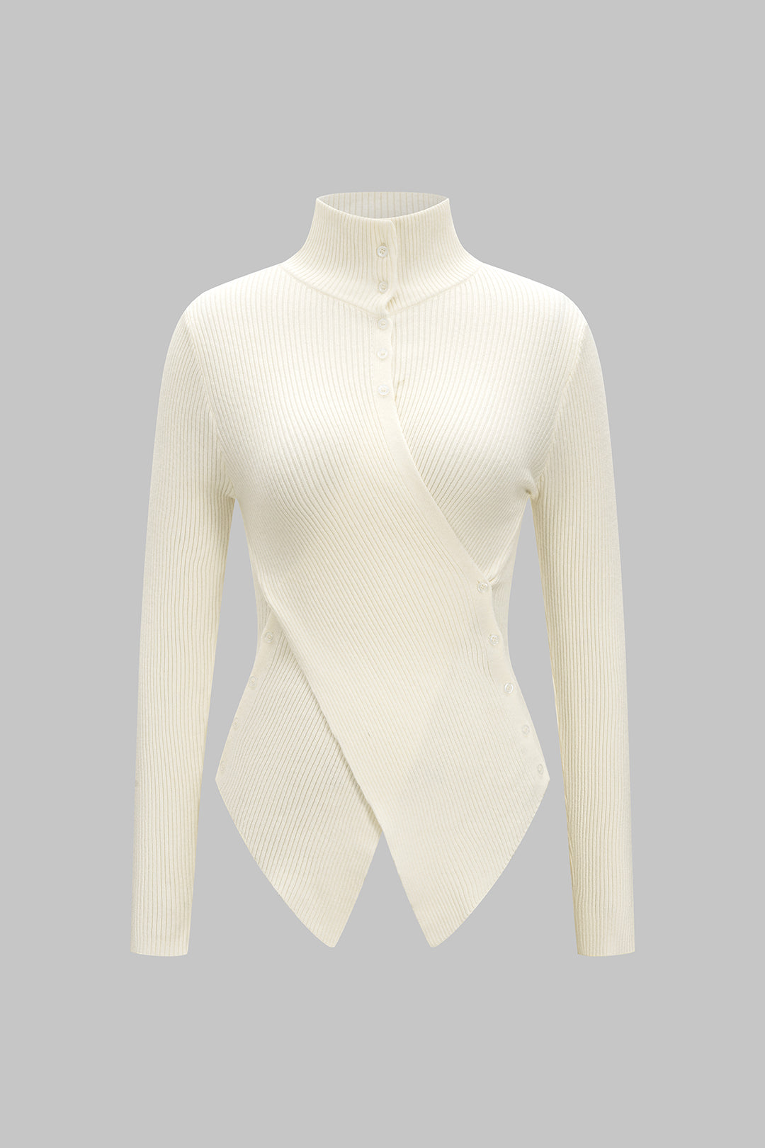 Knit Stand Collar Irregular Button Long-Sleeve Top