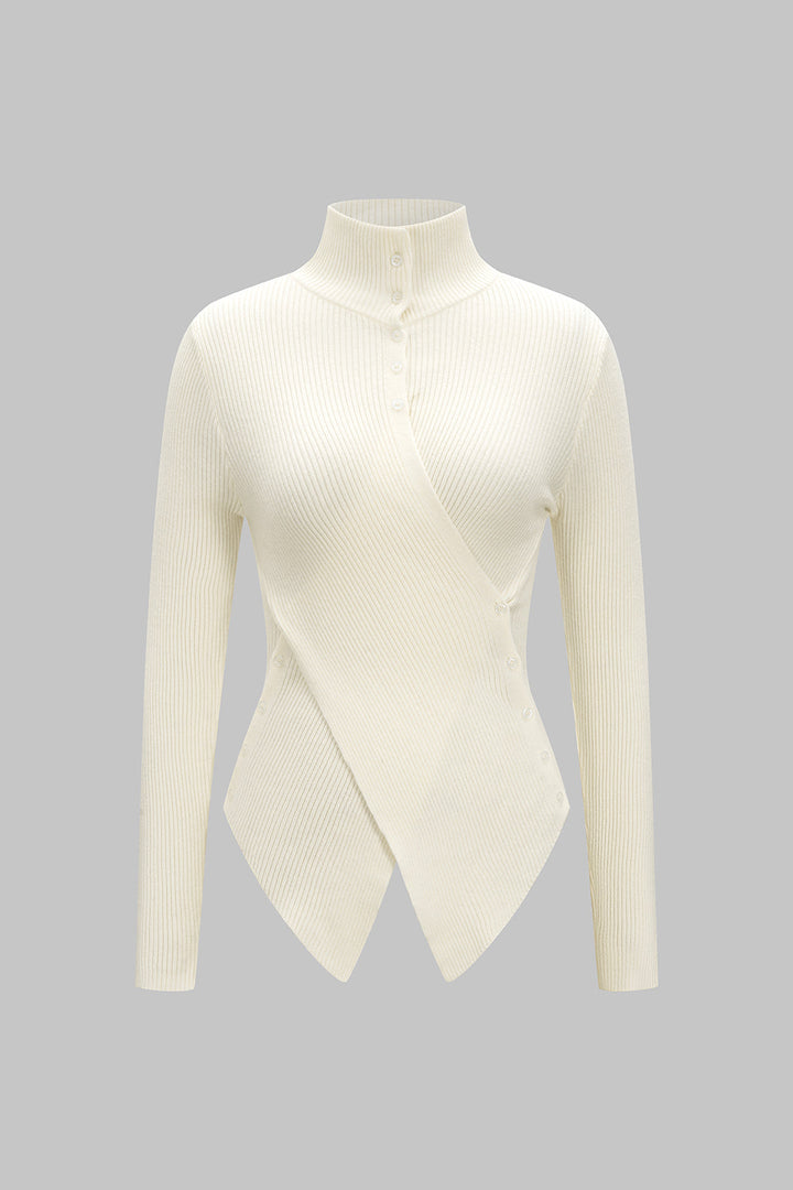 Knit Stand Collar Irregular Button Long-Sleeve Top