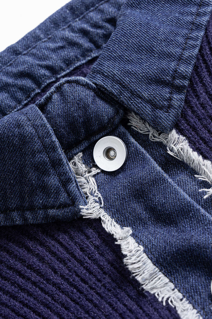 Knit Patchwork Frayed Button Long-Sleeve Top
