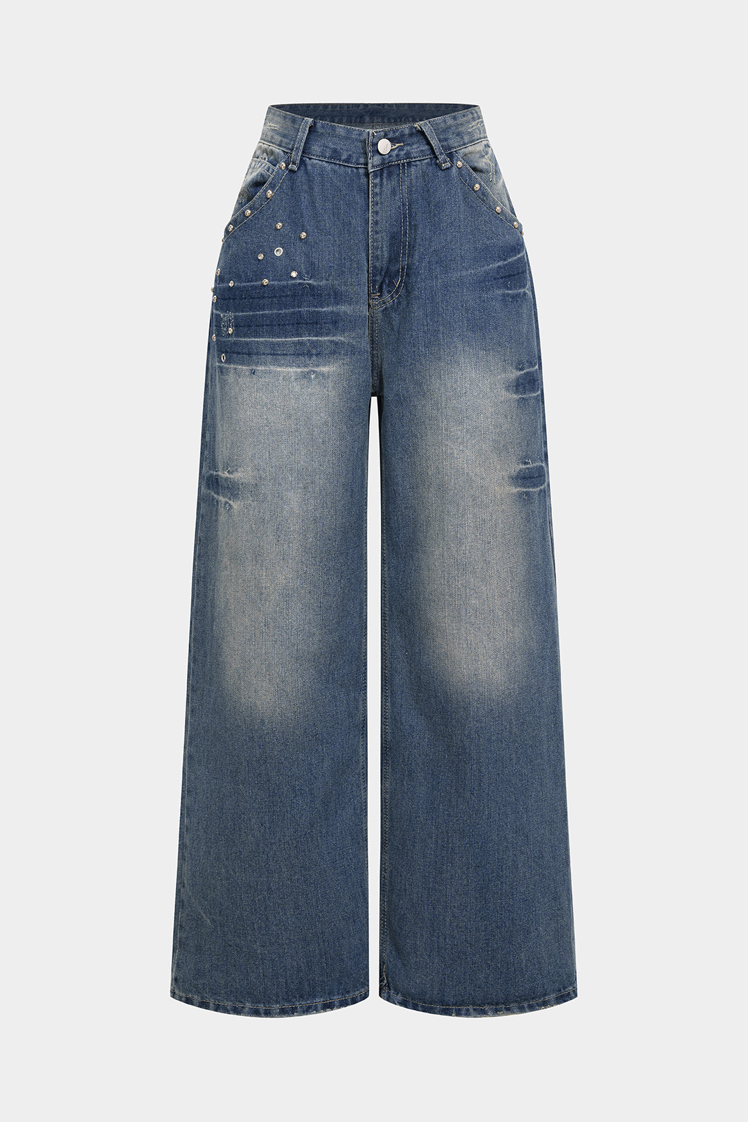 Denim Rivet Rhinestone Decor Straight Leg Jeans