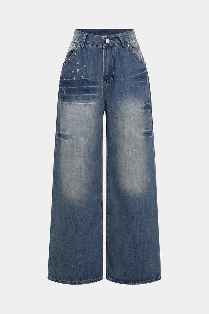 Denim Rivet Rhinestone Decor Straight Leg Jeans