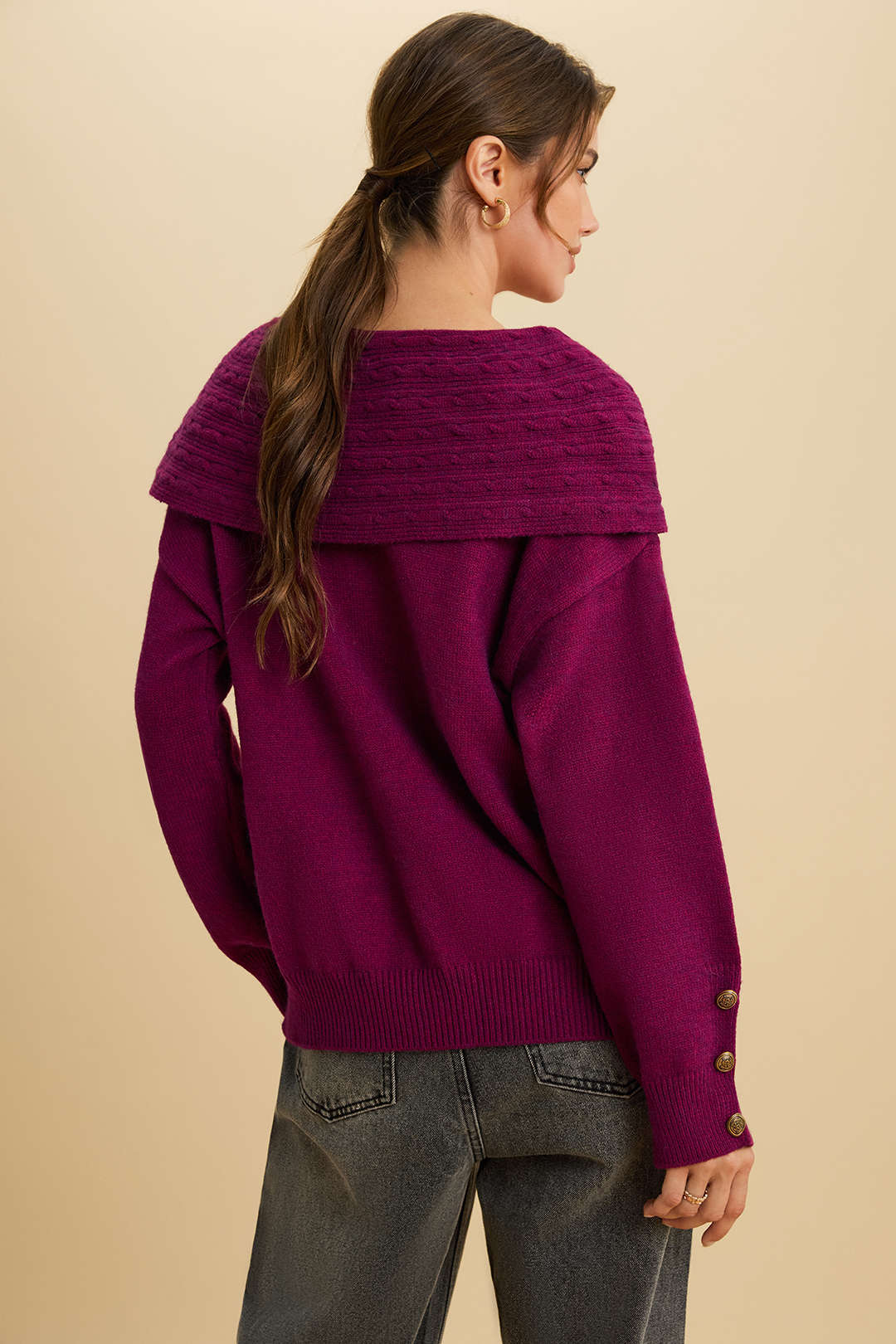 Knit Irregular Lapel Button Long-Sleeve Top