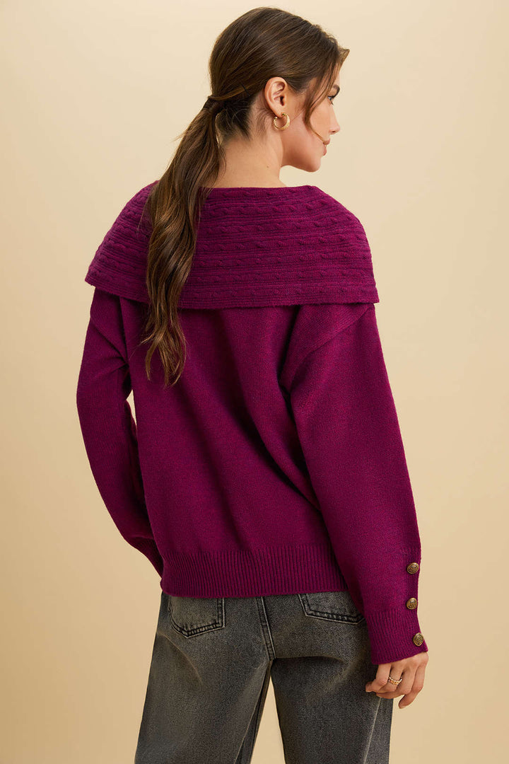 Knit Irregular Lapel Button Long-Sleeve Top
