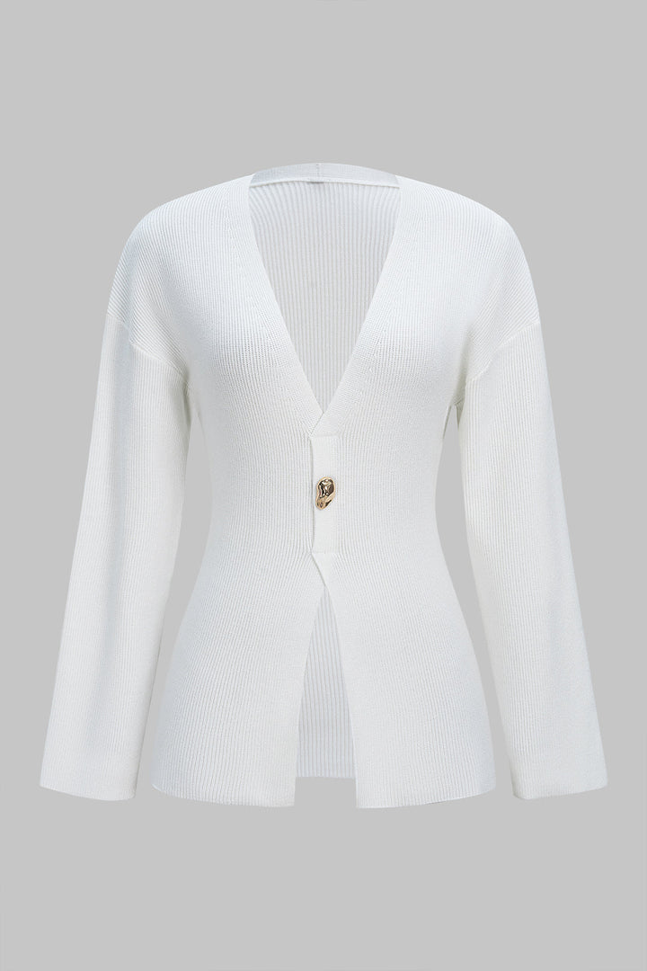 Knit V-Neck Button Long-Sleeve Top