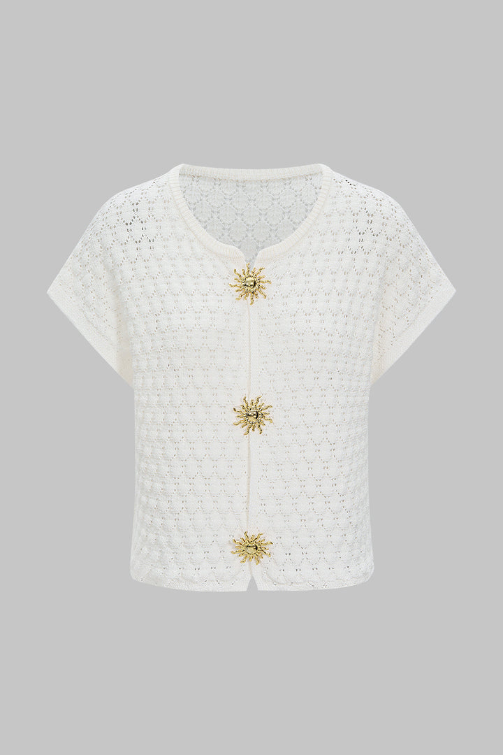 Knit Metallic Decor Cut Out Short Sleeve Top
