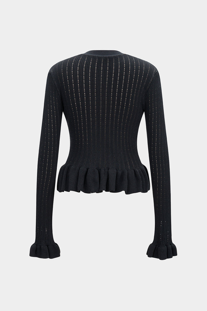 Knit Ruffle V-Neck Metallic Button Cardigan