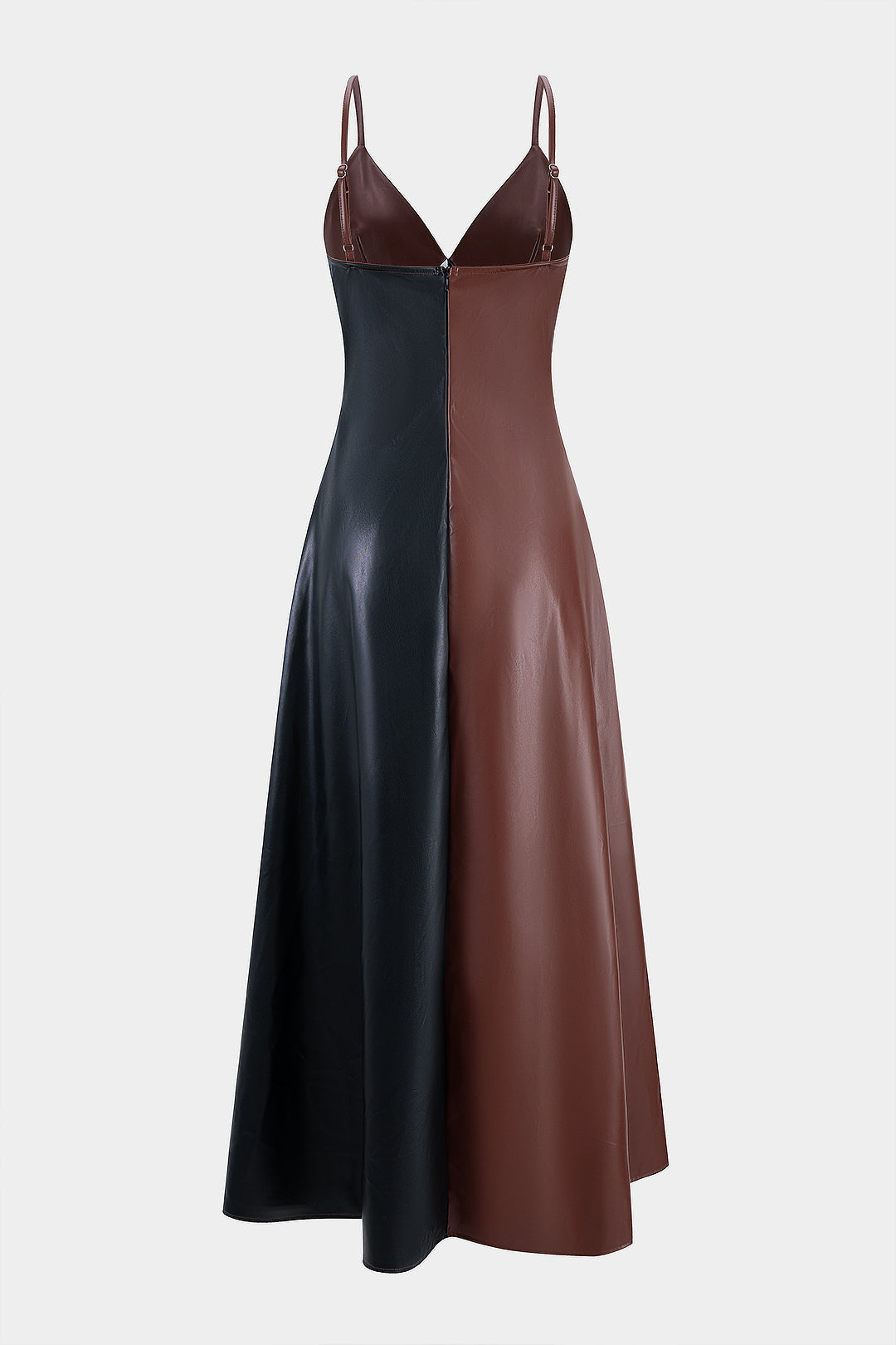 Faux Leather Contrast Slip V-Neck Sleeveless Maxi Dress