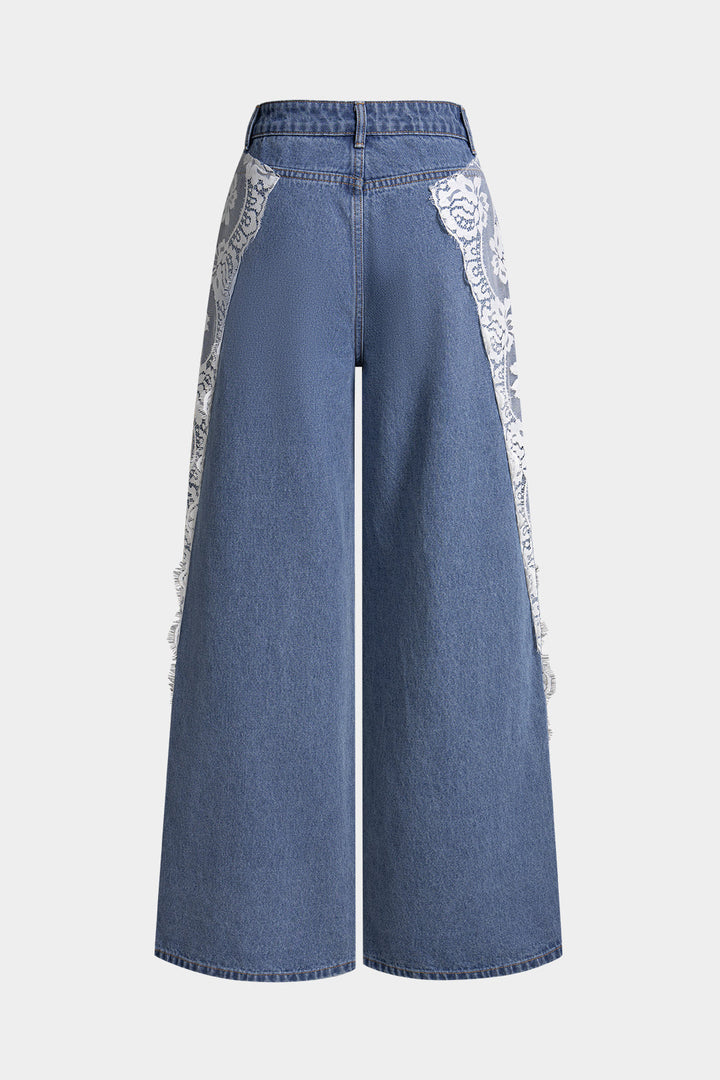 Denim Patchwork Lace High Waist Straight Leg Jeans