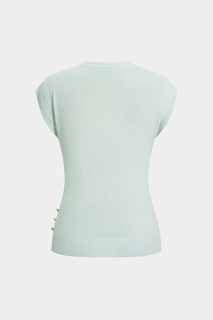 Knit Round Neck Metallic Button Tank Top
