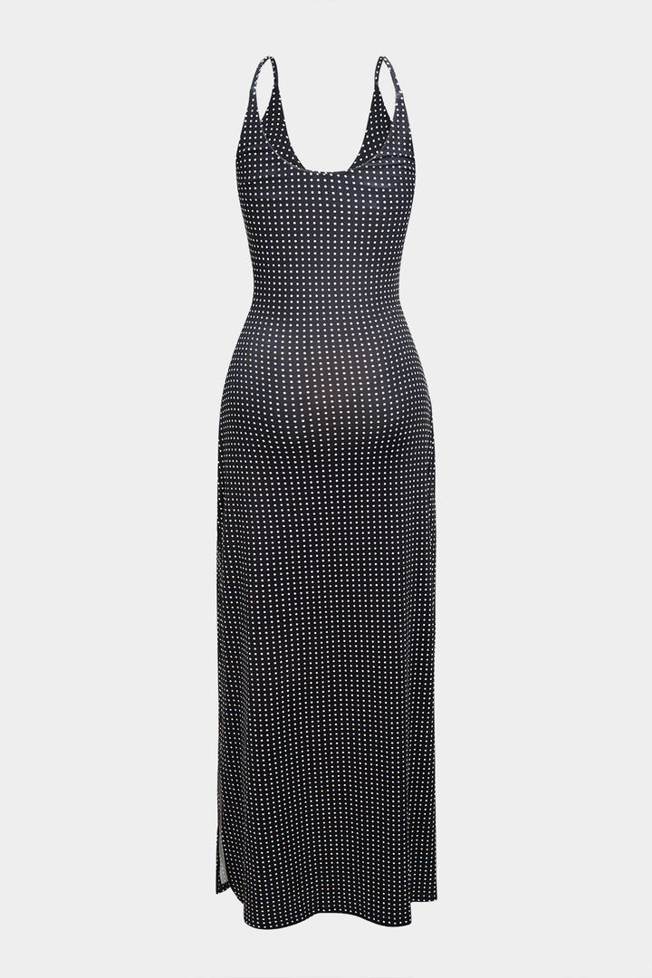 Polka Dots Print V-Neck 3D Flower Slip Sleeveless Maxi Dress