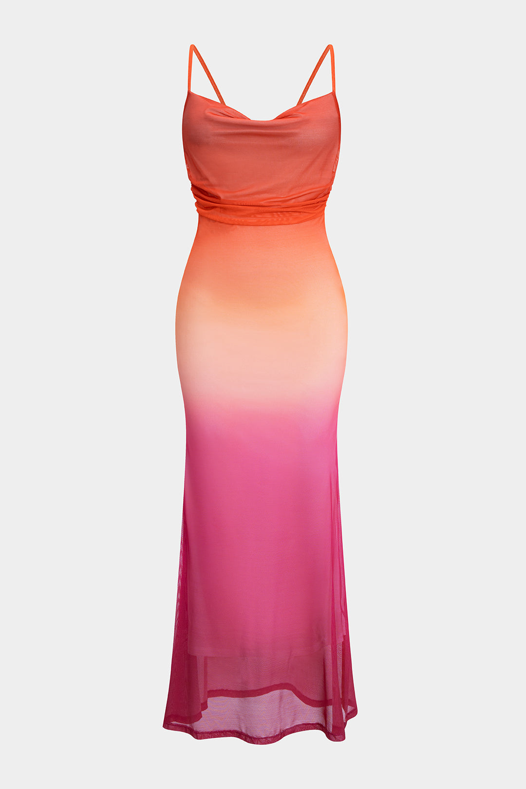 Ombre Print Mesh  Ruched Tie Back Slip Maxi Dress