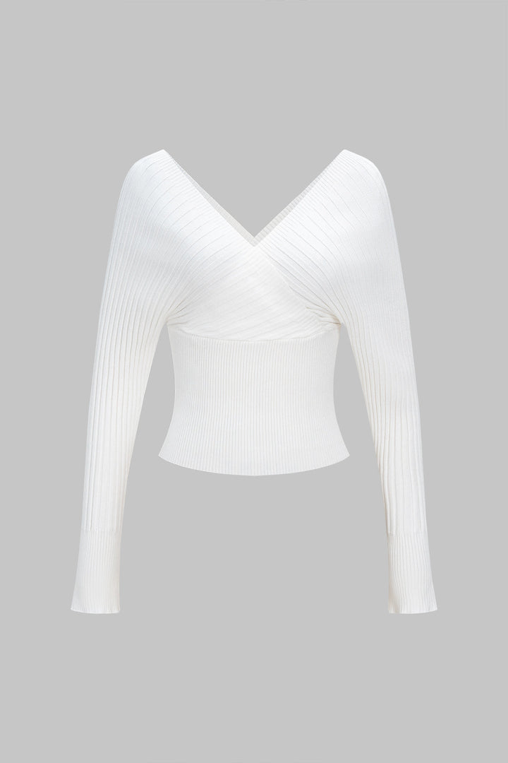 Knit V-Neck Crossed Long-Sleeve Top