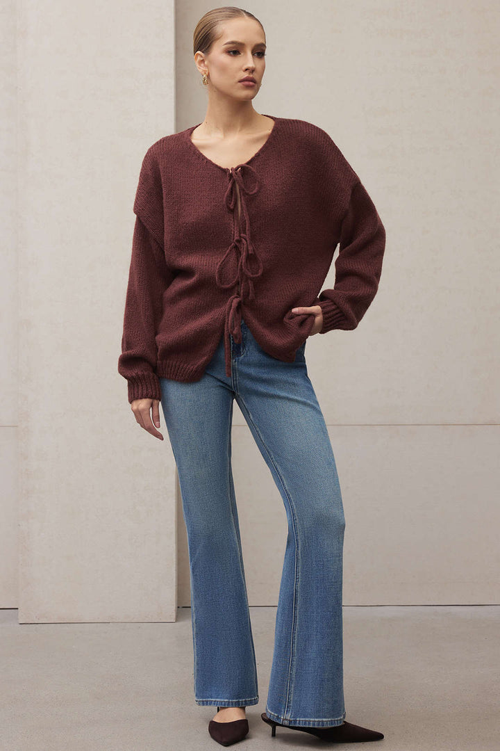 Knit Round Neck Tie-Up Cardigan